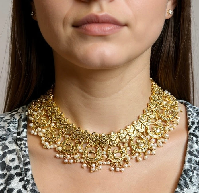 DNS216 Gold-Plated Necklace Set with Freshwater Pearls & CZ Polki | Intricate Bridal & Party Jewelry ( READY TO SHIP )
