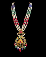 Navratan Gold-Plated Pendant with Jhumka Earrings Set | Freshwater Pearls | Ruby, Emerald & Sapphire Beads ( READY TO SHIP )