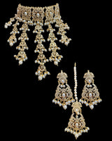 Dangler Choker Set with Earrings & Tika – Gold-Plated Zircon & Pearl Elegance ( SHIPS IN 4 WEEKS )