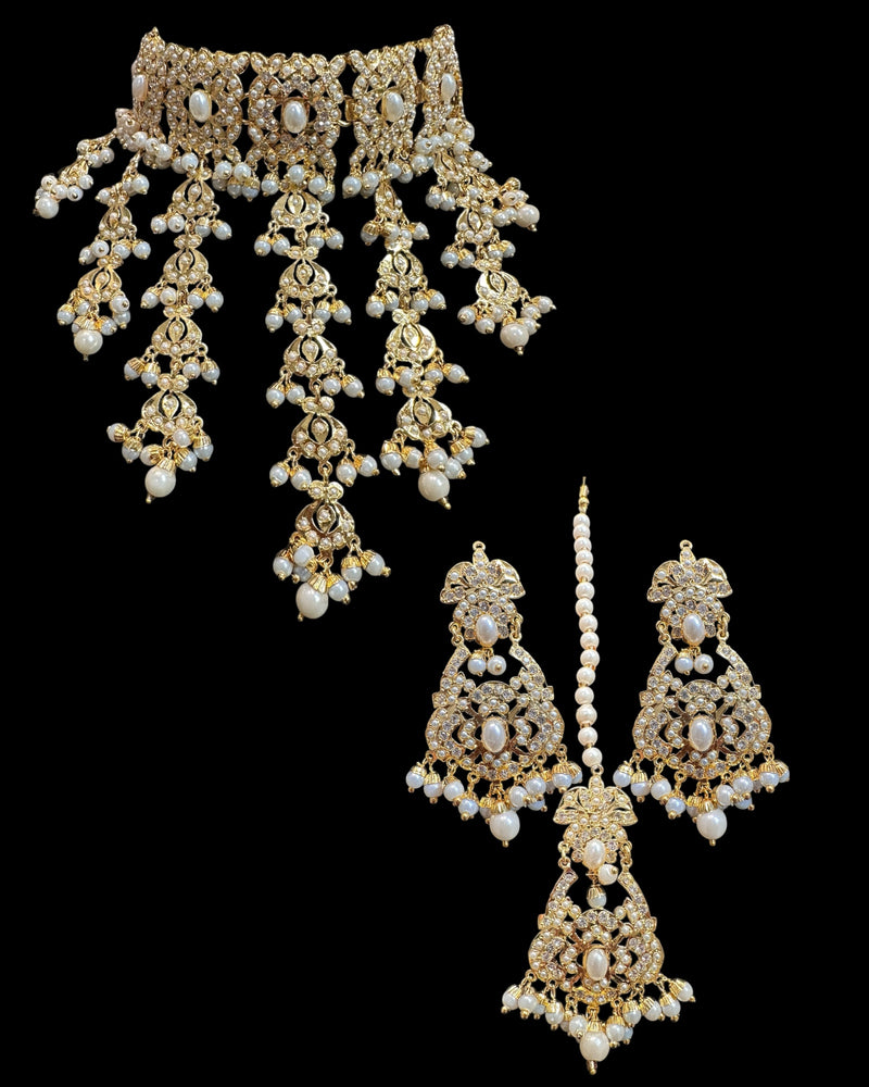 Dangler Choker Set with Earrings & Tika – Gold-Plated Zircon & Pearl Elegance ( SHIPS IN 4 WEEKS )
