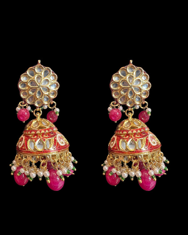 Gold-Plated Kundan Jhumka with Pearls and Ruby Quartz – 2.5” | Meenakari Back | Traditional Indian Earrings( READY TO SHIP )