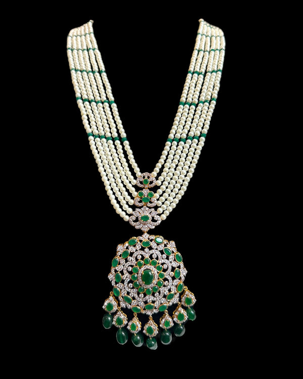DLN138 Mandira Long CZ Pearl Mala with Green Beads – Necklace & Earrings Set ( READY TO SHIP )