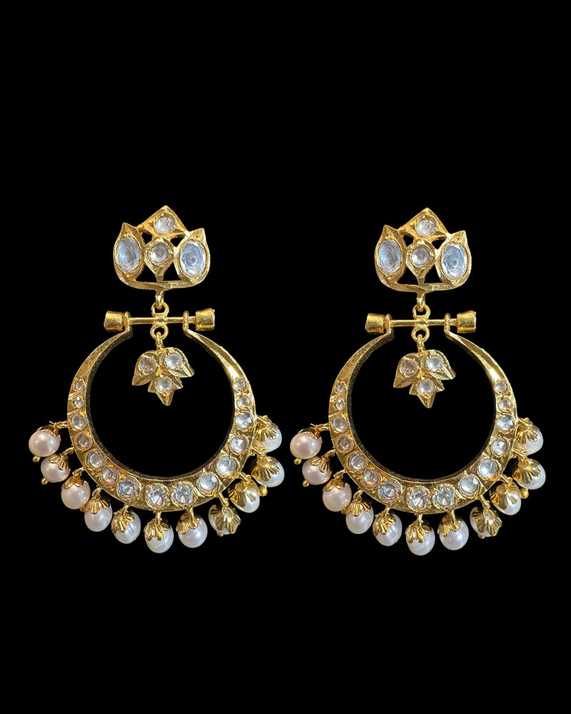 Moissanite Polki Chandbali Earrings – Gold-Plated Traditional Hyderabadi Style with Pearls ( READY TO SHIP )