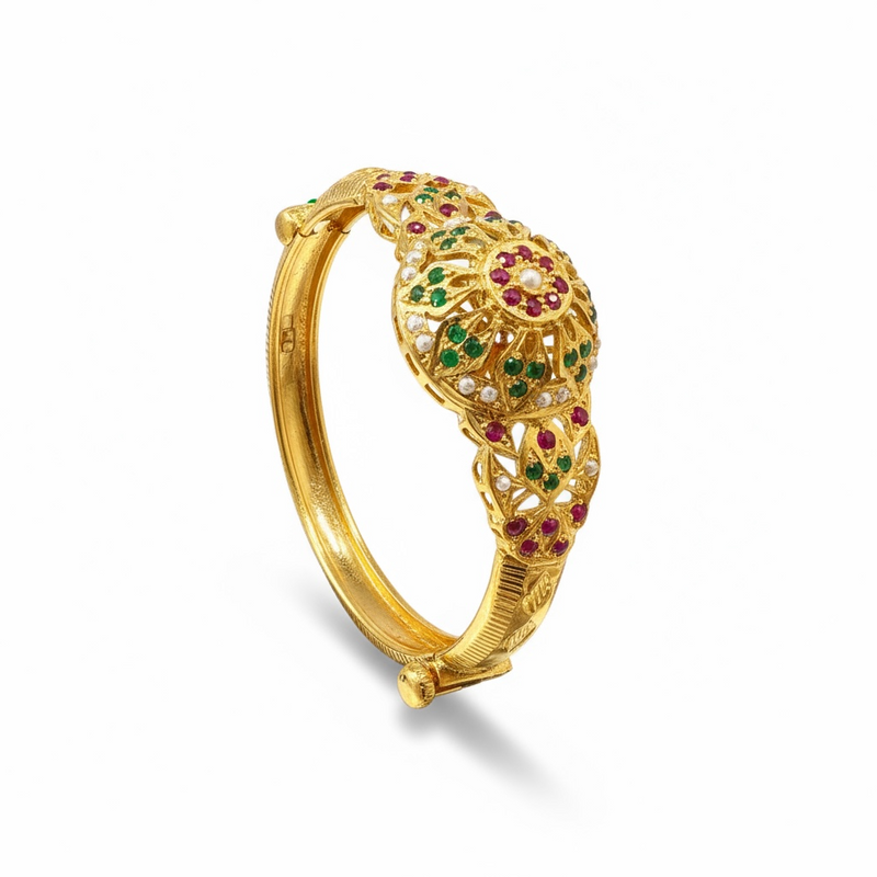 Ruby, Emerald & Freshwater Pearl Gold-Plated Silver Kada Bracelet ( SHIPS IN 5 WEEKS )