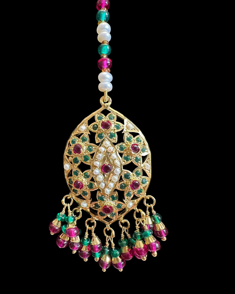 Gold Plated Silver Ruby & Emerald Tika with Freshwater Pearls ( READY TO SHIP )