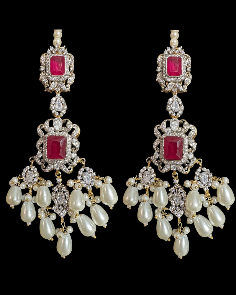 Farhat 💎 Ruby Bridal Choker Set with Earrings & Tika – Gold-Plated with Zircon & Shell Pearls