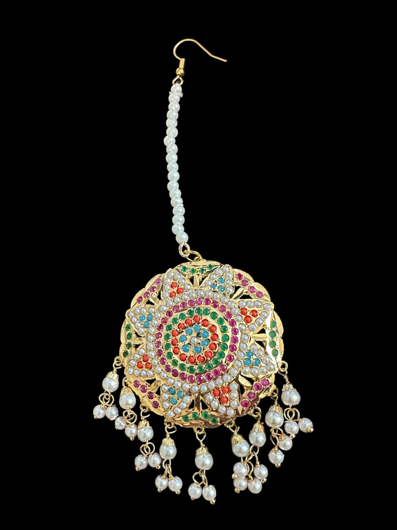 Jadau jhumka in Navratan with pearls ( READY TO SHIP )