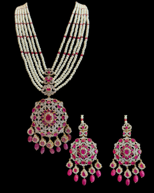 DLN137 MANDIRA Long CZ Pearl Mala with Ruby Beads | Necklace & Earrings Set ( READY TO SHIP )