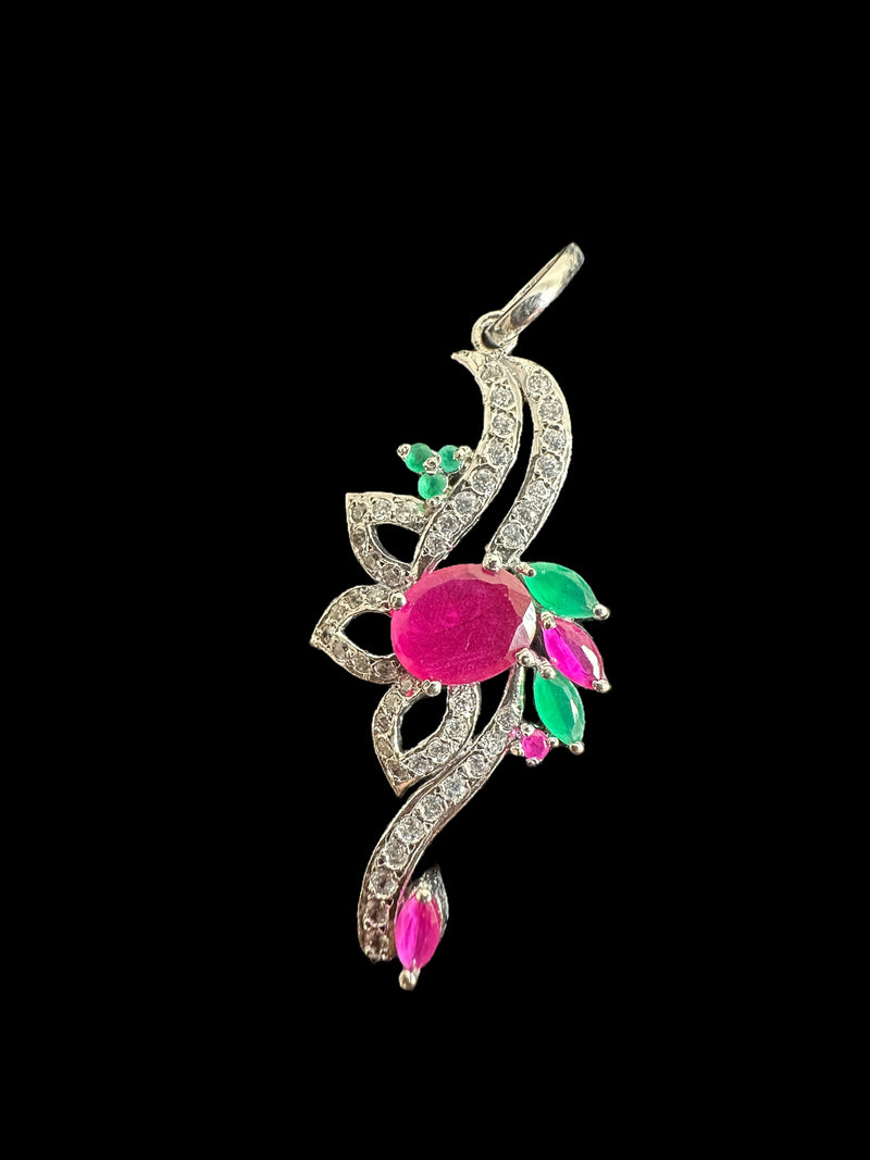 Cz pendant - silver plated with ruby emerald stones ( READY TO SHIP )