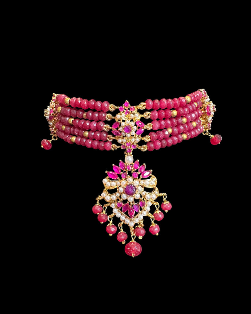 C575 Zarifa Gold-Plated Choker with Earrings – Ruby Beads & Pearl Detailing ( READY TO SHIP )