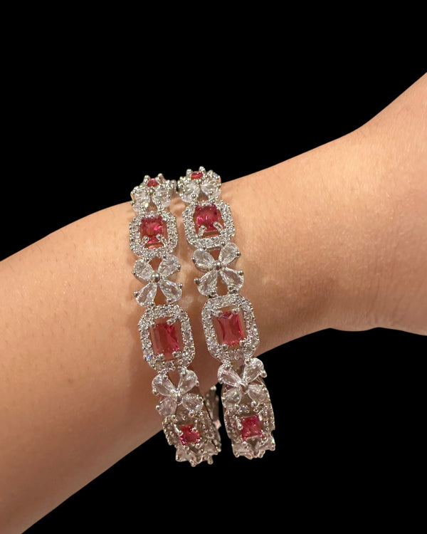 B817 Silver Plated Bangles in Clear and Ruby Cubic Zirconia ( READY TO SHIP )