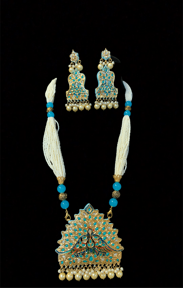 PS333Turquoise kundan meenakari pendant set