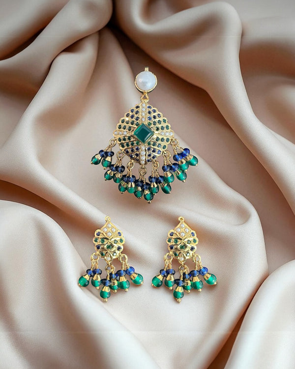 Emerald, Sapphire & Pearl Pendant Set – Gold-Plated 92.5 Silver ( READY TO SHIP )