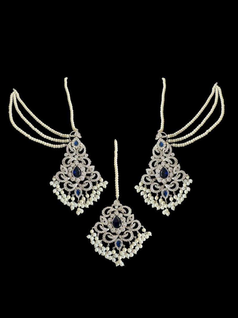 Raaga zircon earring tika set in blue with silver plating ( SHIPS IN 2 WEEKS   )