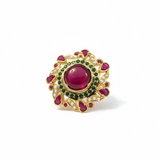 Ruby, Emerald & Freshwater Pearl Gold-Plated Silver Adjustable Ring ( READY TO SHIP )