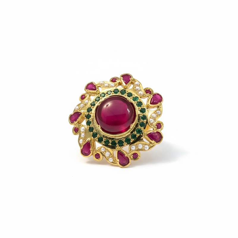 Ruby, Emerald & Freshwater Pearl Gold-Plated Silver Adjustable Ring ( READY TO SHIP )