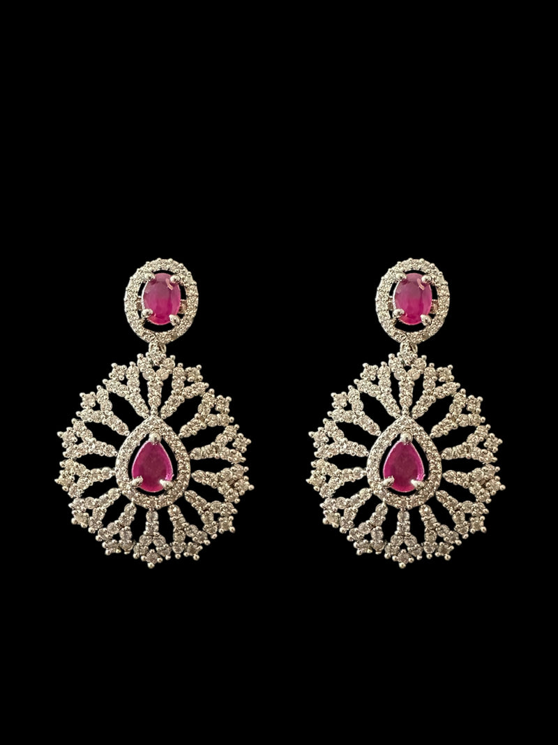 DNS172 Cz necklace set with earrings tika  silver plated - Ruby centre stone    (READY TO SHIP)