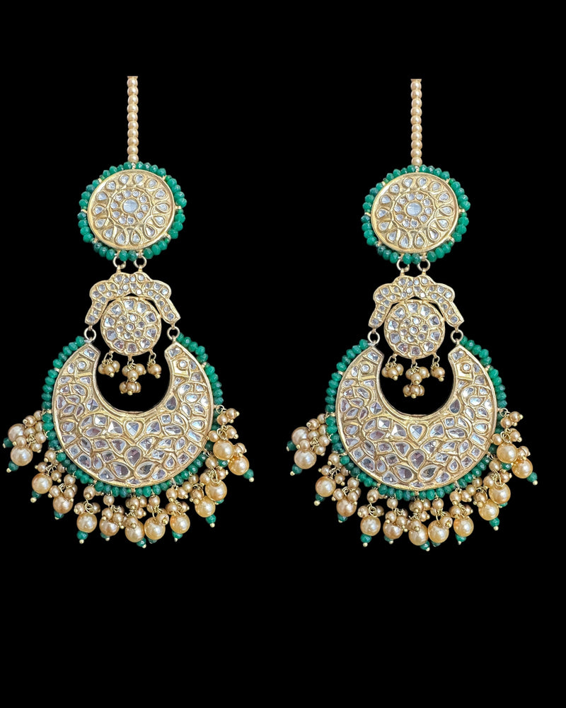 DER732  kundan dangler earrings with green beads( READY TO SHIP )