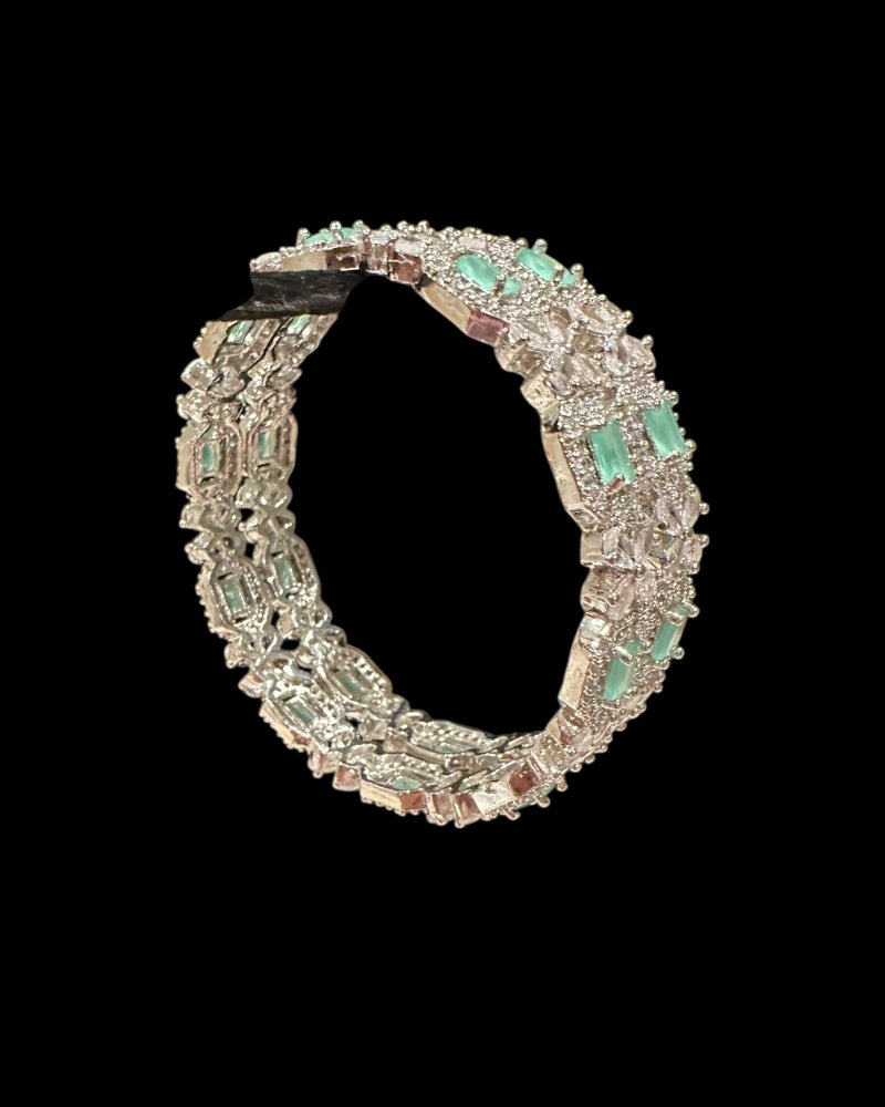 B818 Silver Plated Bangles in Clear and mint  Cubic Zirconia ( READY TO SHIP )