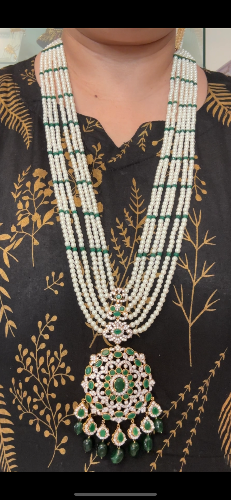 DLN138 Mandira Long CZ Pearl Mala with Green Beads – Necklace & Earrings Set ( READY TO SHIP )