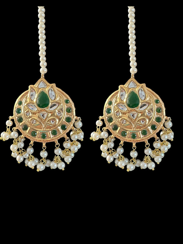 ET505  kundan studs with pearl ear supports - Green ( READY TO SHIP )