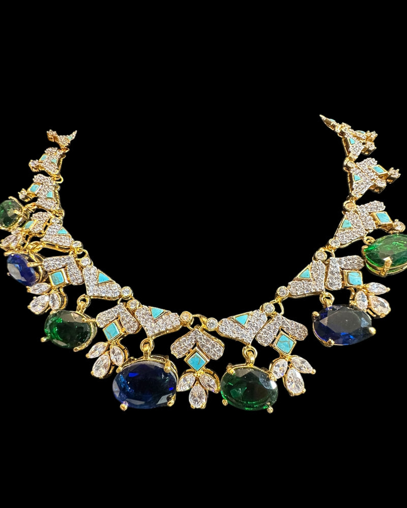 DNS213 Turquoise & emerald sapphire CZ Necklace Set with Earrings – Gold Plated ( READY TO SHIP )