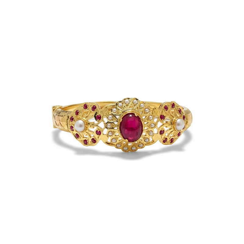 Ruby & Freshwater Pearl Gold-Plated Silver Kada Bracelet ( READY TO SHIP )