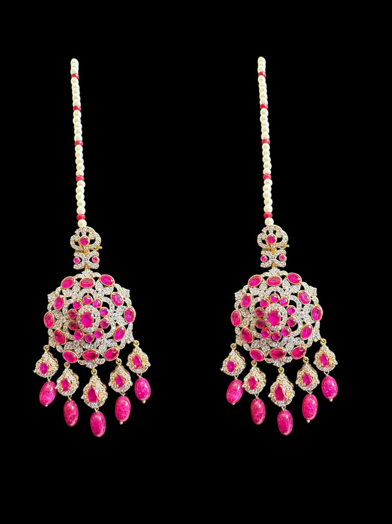 DLN137 MANDIRA Long CZ Pearl Mala with Ruby Beads | Necklace & Earrings Set ( READY TO SHIP )