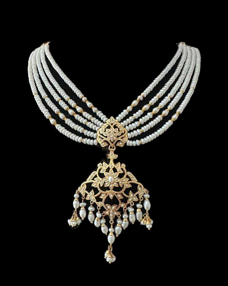 SN22 Gold-Plated 92.5 silver Pearl Necklace with Edwardian Style Earrings