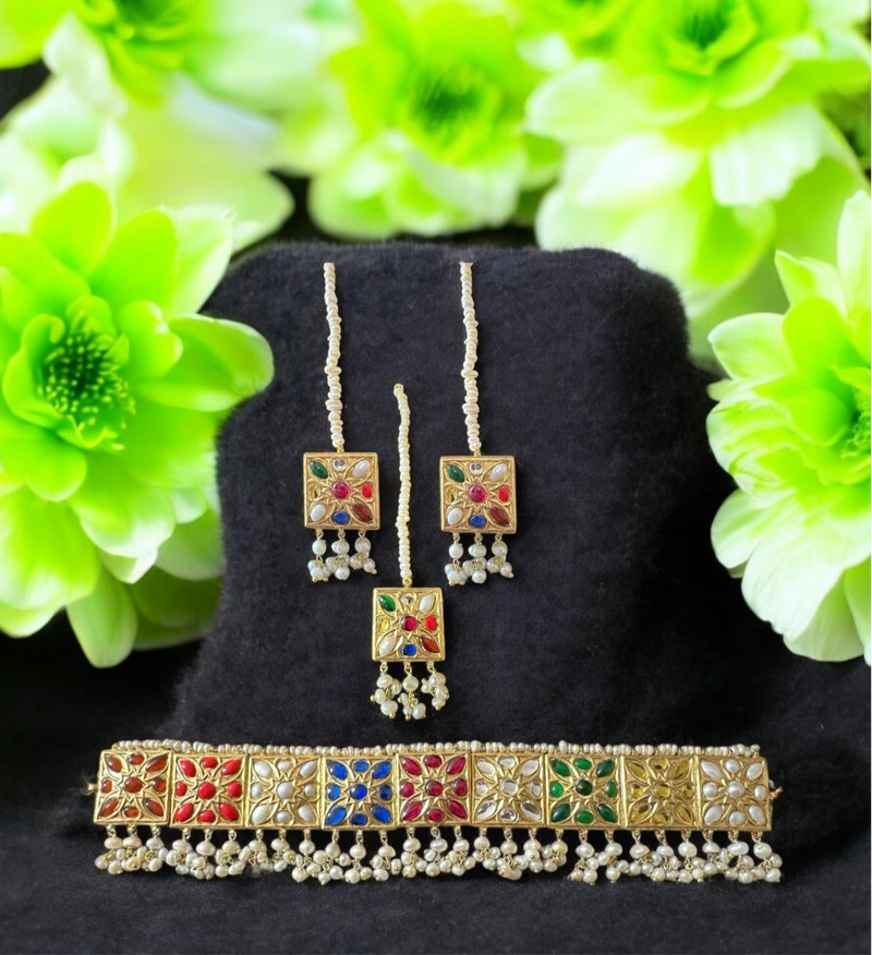 C536 Navratan bridal choker earrings and Tika set in fresh water pearls ( READY TO SHIP )