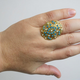 Turquoise & Pearl Ring – Gold-Plated Silver Elegance in Feroza ( READY TO SHIP )