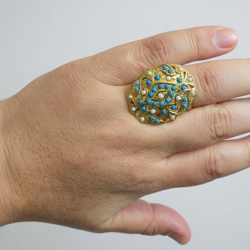 Turquoise & Pearl Ring – Gold-Plated Silver Elegance in Feroza ( READY TO SHIP )