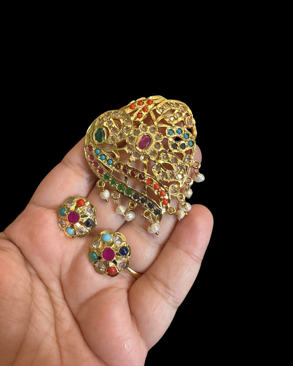 Akriti pendant with studs - Navratan ( READY TO SHIP )