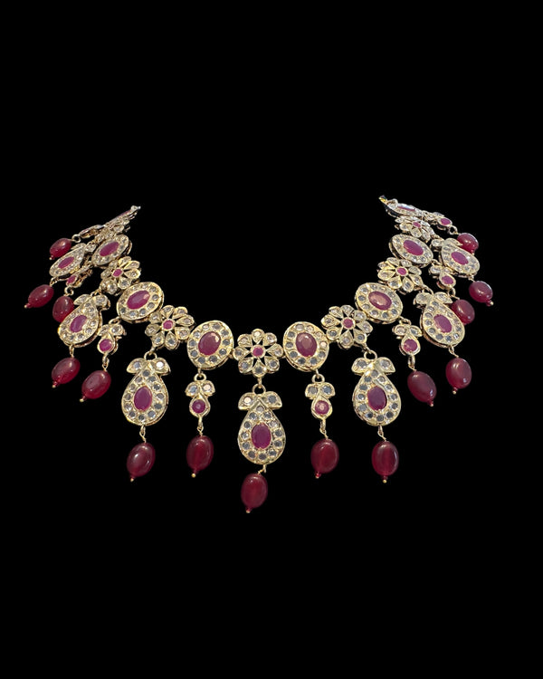 DNS209 🌸 Floral Motif Hyderabadi Necklace Set – Gold-Plated with CZ Polki & Ruby Quartz Beads ( READY TO SHIP )