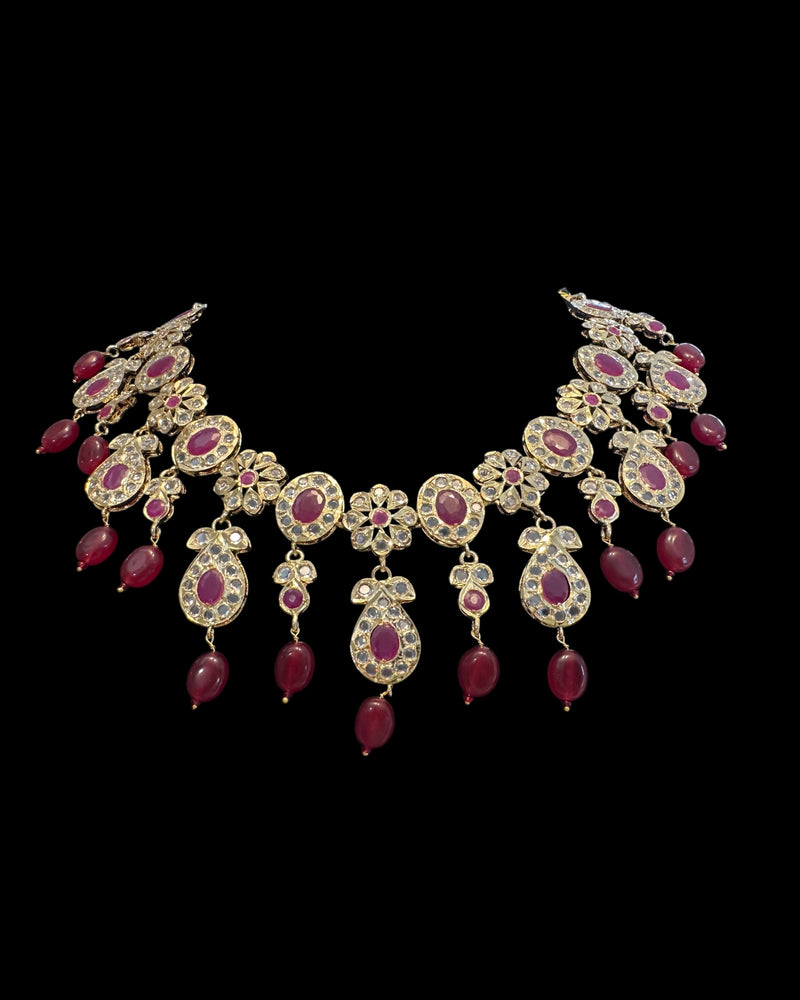 DNS209 🌸 Floral Motif Hyderabadi Necklace Set – Gold-Plated with CZ Polki & Ruby Quartz Beads ( READY TO SHIP )