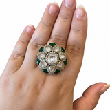 Moissanite Polki & Emerald Gold-Plated Silver Statement Ring ( READY TO SHIP )