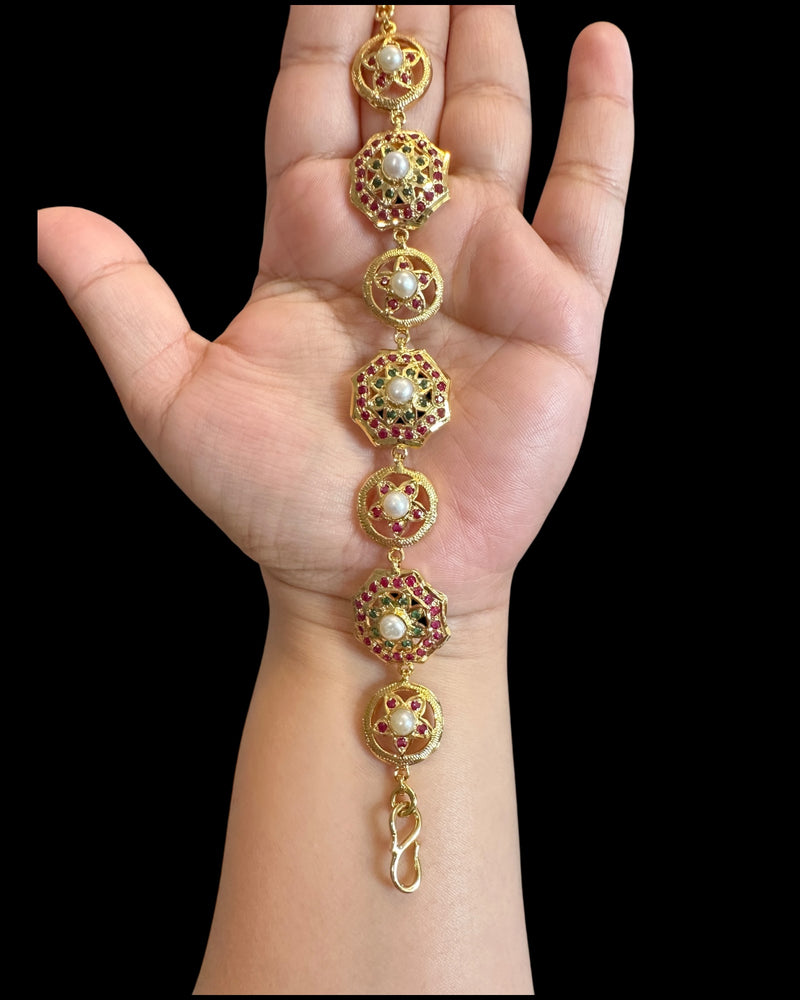 Gold Plated Silver Ruby Emerald Bracelet with Freshwater Pearls ( READY TO SHIP )
