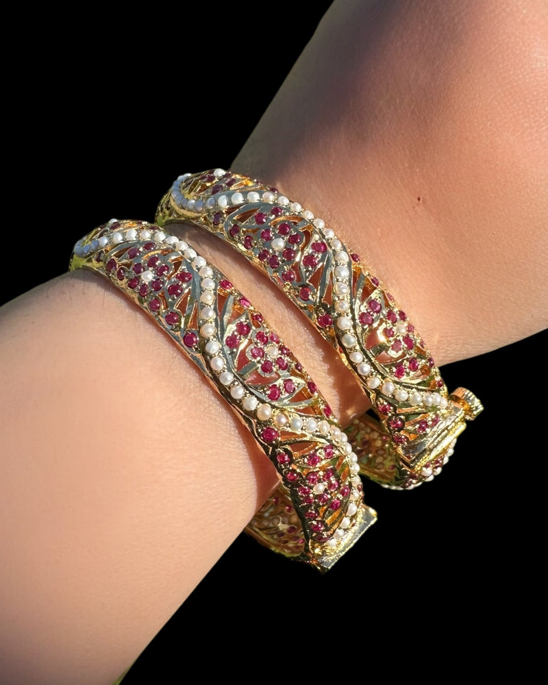 Gold-Plated 92.5 Silver Bangles with Rubies & Freshwater Pearls (Pair) ( READY TO SHIP )