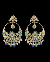Oversized jadau chandbali earrings - Emerald sapphire pearl ( READY TO SHIP )