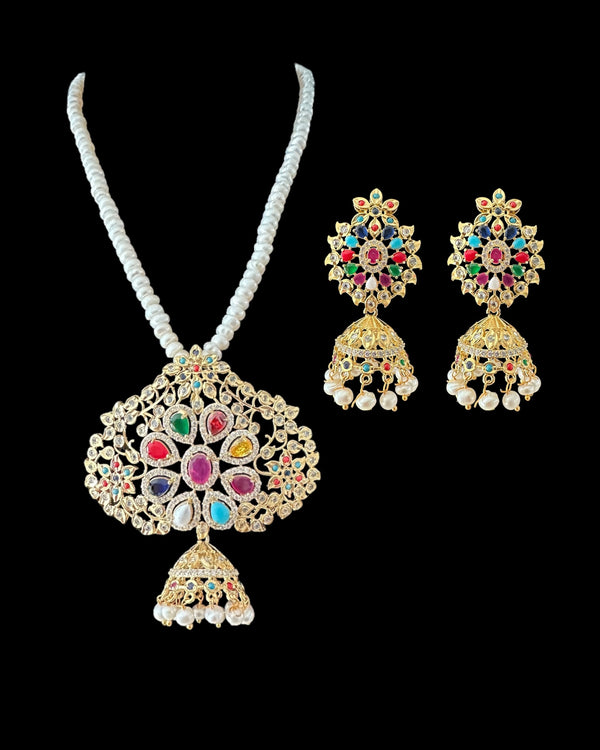 PS316 fresh water pearl pendant set in navratan  ( READY TO SHIP )