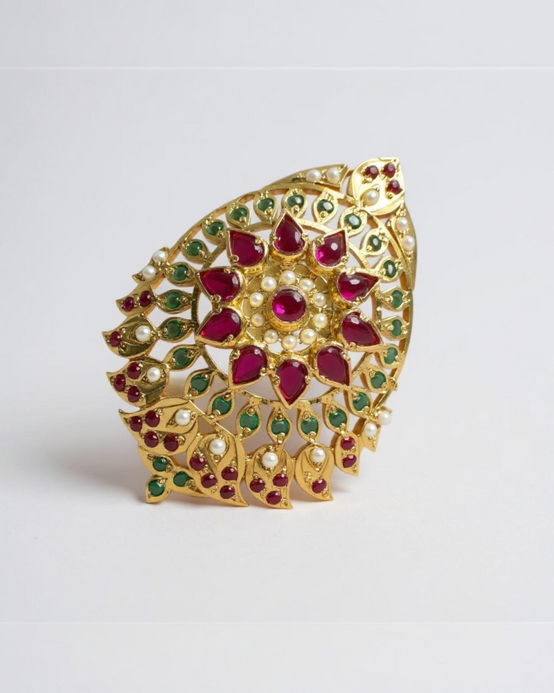 Ruby, Emerald & Pearl Ring – Gold-Plated Silver Statement Piece ( READY TO SHIP )