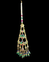 Gold Plated Silver Emerald, Sapphire & Ruby Tika with Freshwater Pearls ( READY TO SHIP )