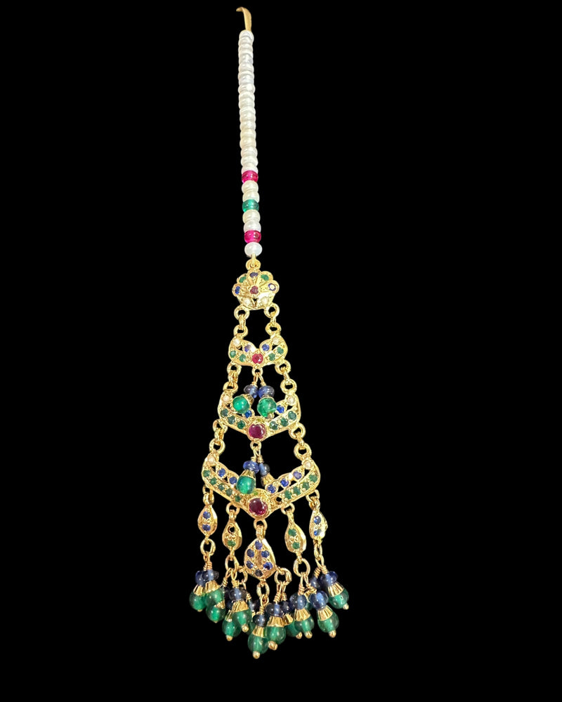 Gold Plated Silver Emerald, Sapphire & Ruby Tika with Freshwater Pearls ( READY TO SHIP )