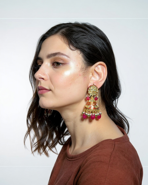 Gold-Plated Kundan Jhumka with Pearls and Ruby Quartz – 2.5” | Meenakari Back | Traditional Indian Earrings( READY TO SHIP )
