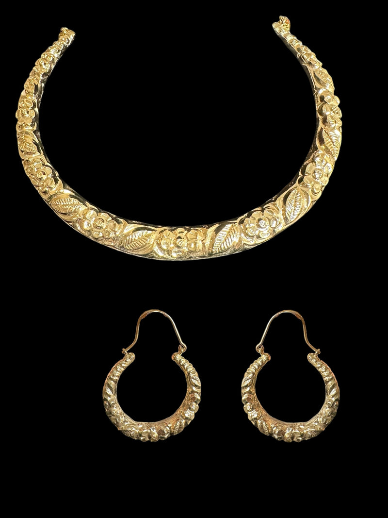 C548 Gold-Plated Floral Hasli Necklace with Chandbali Earrings – Handcrafted Traditional Set ( READY TO SHIP )