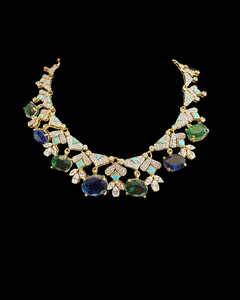 DNS213 Turquoise & emerald sapphire CZ Necklace Set with Earrings – Gold Plated ( READY TO SHIP )