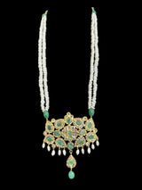 DLN35 Gold plated long necklace with emeralds and pearls ; READY TO SHIP )