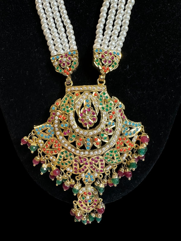 DLN91 jadau rani haar in navratan with pearls  ( READY TO SHIP )