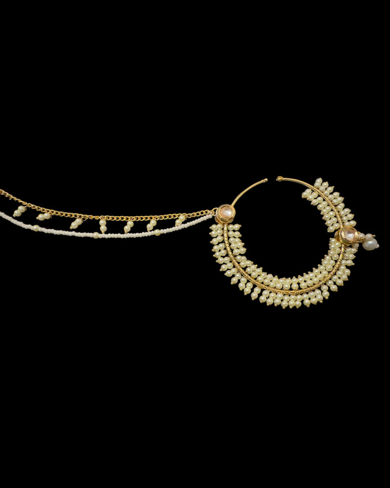 Handcrafted Kundan & Pearl Nosering with Double Chain – Non-Pierced Bridal Nath ( READY TO SHIP )