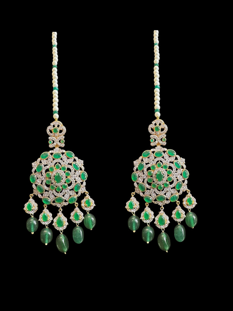 DLN138 Mandira Long CZ Pearl Mala with Green Beads – Necklace & Earrings Set ( READY TO SHIP )